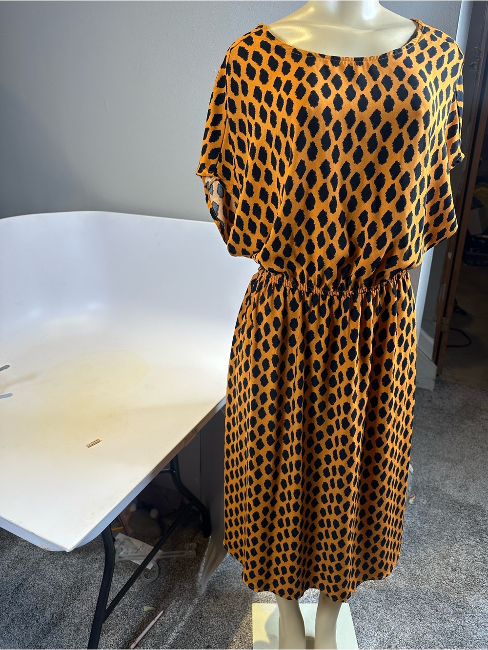 Vero Moda Orange and Black Printed Elastic-Waist Midi Dress